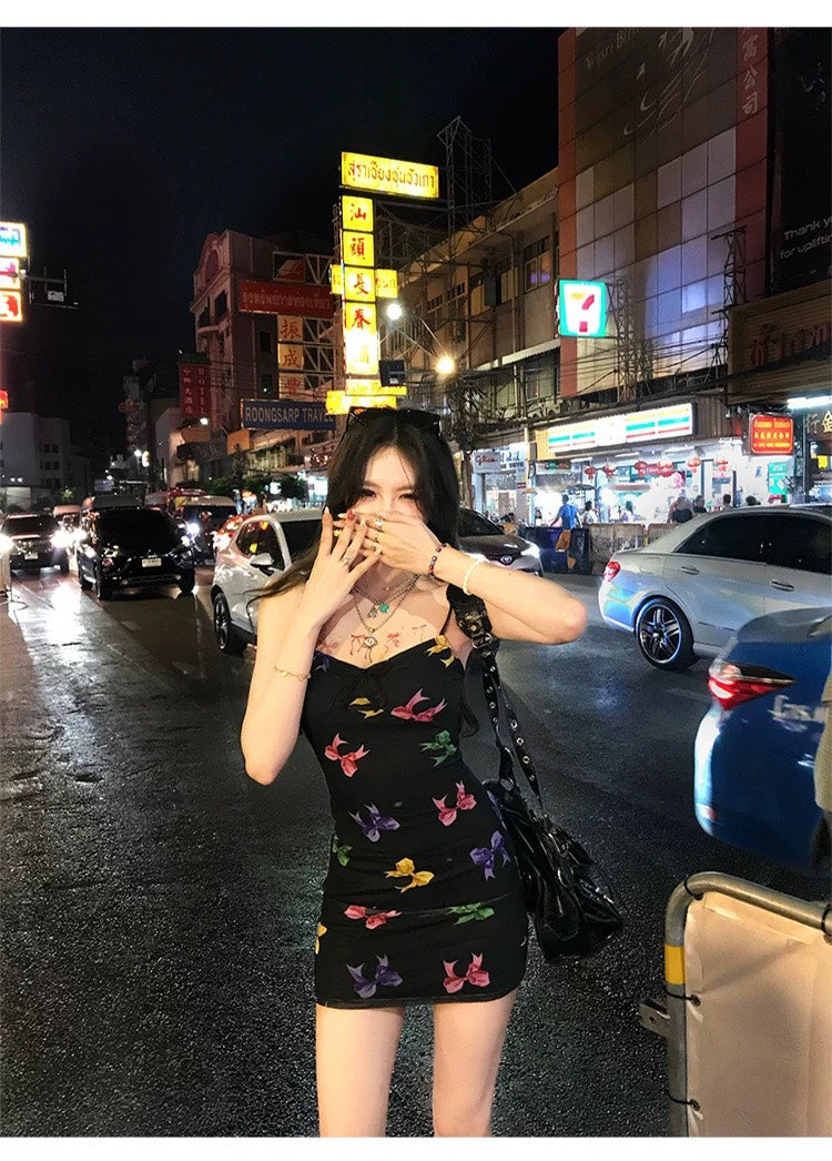 Mon. 蝴蝶逸逃Y2K風格彩繪細肩吊帶裙 黑