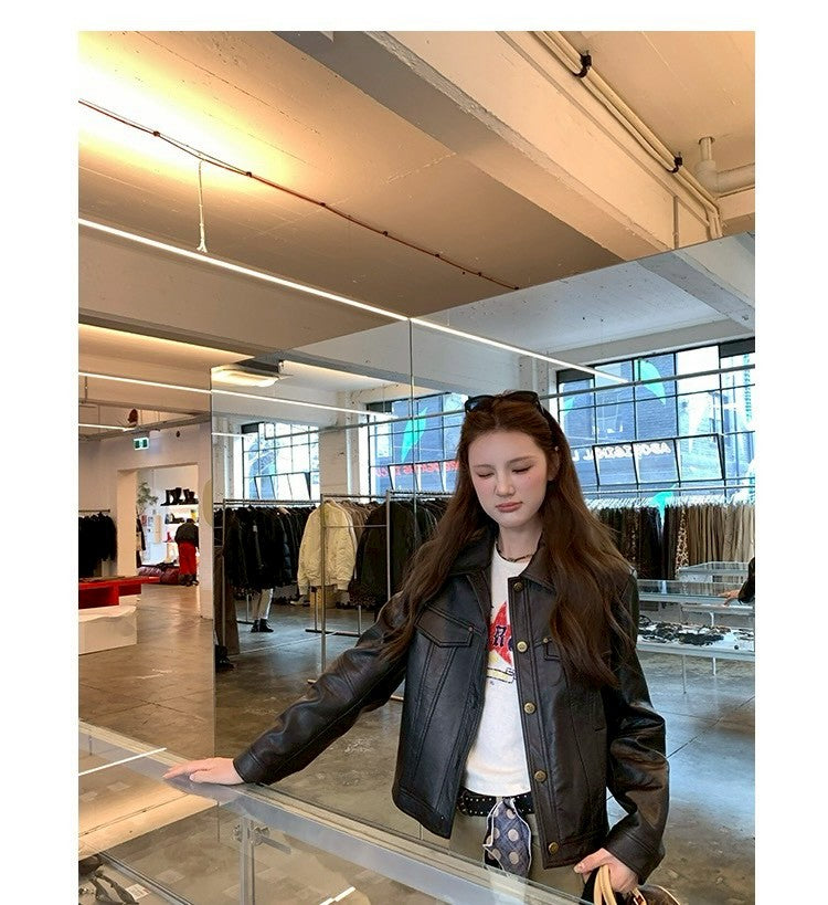 Thu. 黑皮手冊翻領中短款修身皮革外套