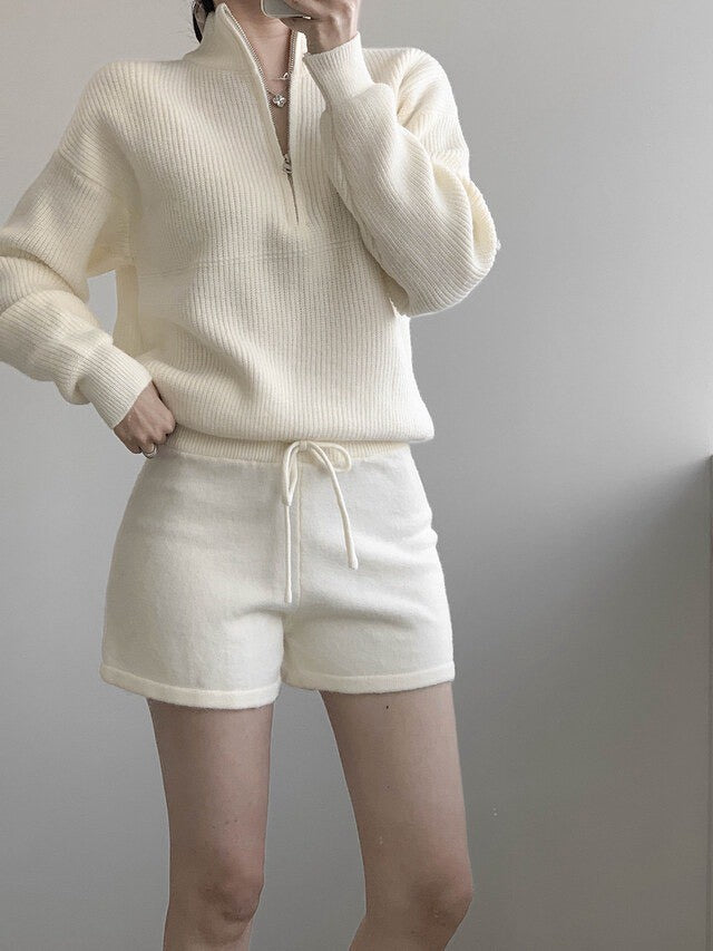 Mon. 休閒慵懶立領針織短褲套裝 灰色/米色