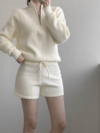 Mon. 休閒慵懶立領針織短褲套裝 灰色/米色