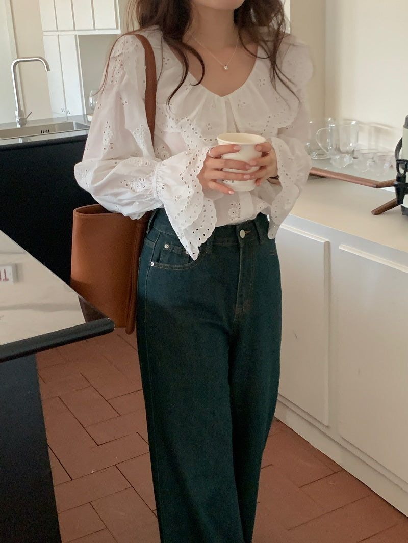 Tue. 韓國荷葉領刺繡襯衫 白