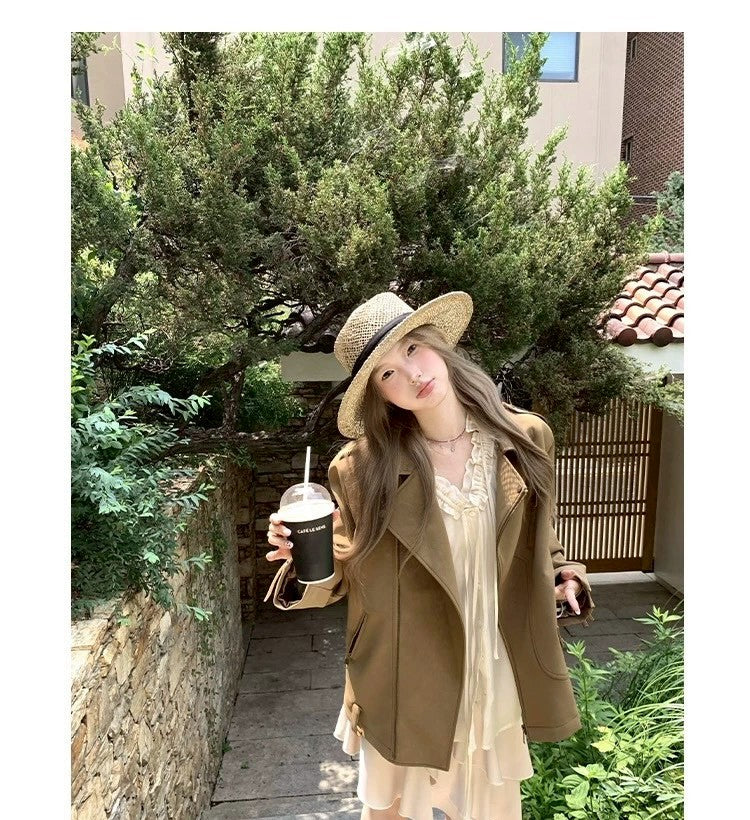 Thu. 博西雅重工時髦休閒皮衣夾克 卡其