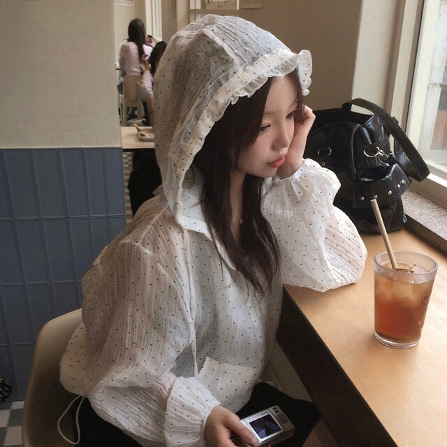 Tue. 日漫少女可愛連帽波點拉鏈外套 白