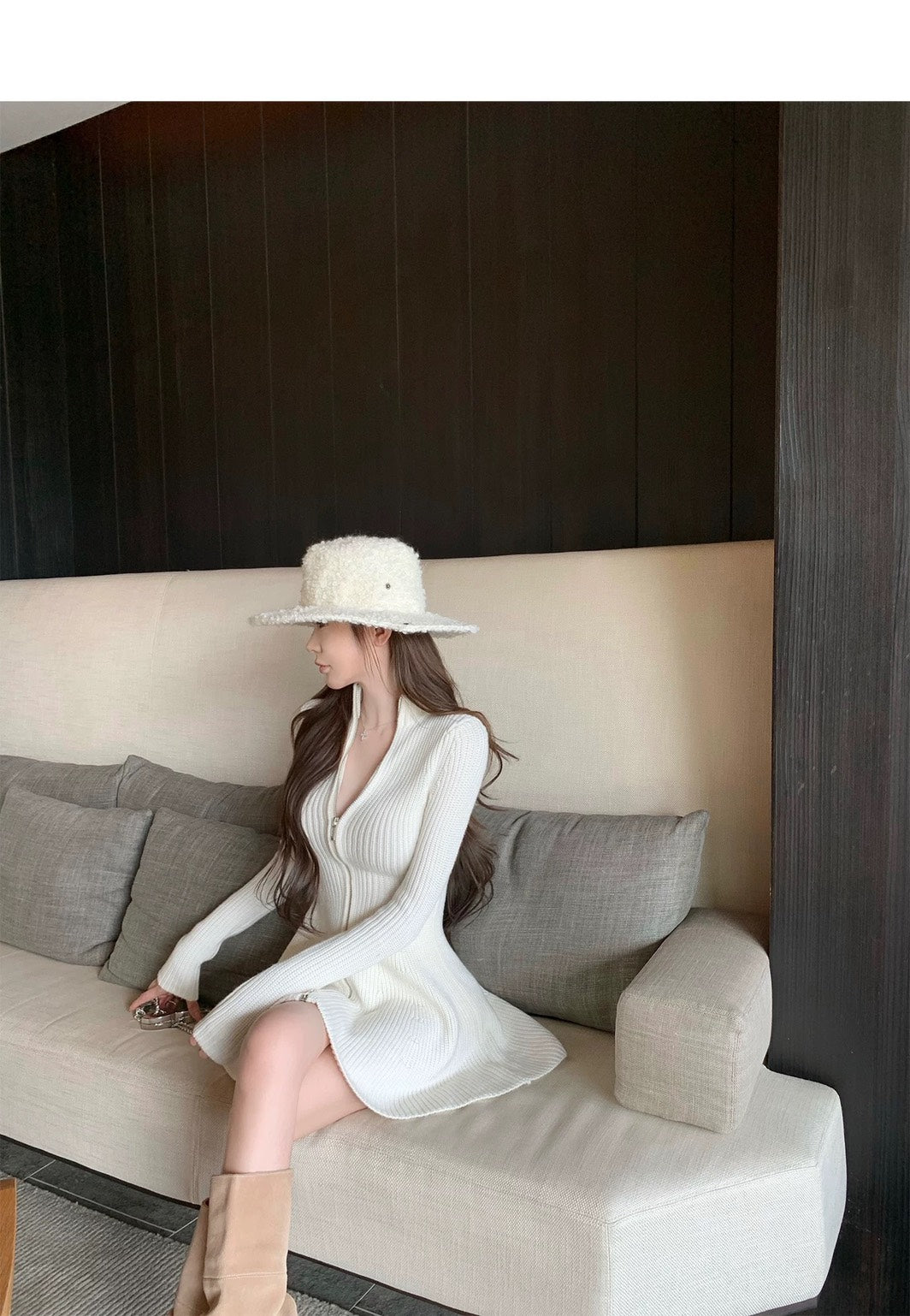 Thu. 氣質姊姊半高領拉鍊粗針花瓣連身裙 白