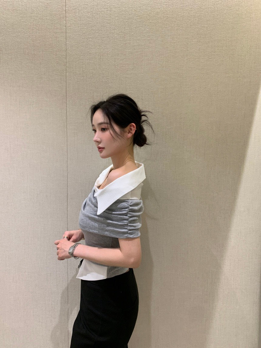 Tue. Elle庫尼假兩件式襯衫上衣 灰