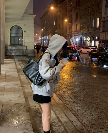 Mon. 韓chic休閒百搭加絨版連帽雙拉鏈外套 藍/灰