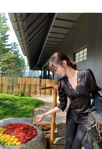 Fri. 韓女氛圍 高奢醋酸蕾絲泡泡袖上衣 黑