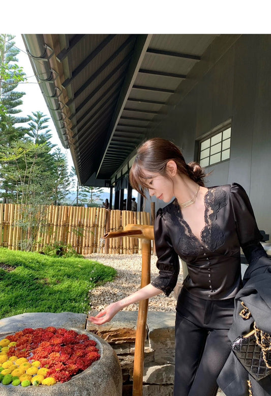 Fri. 韓女氛圍 高奢醋酸蕾絲泡泡袖上衣 黑