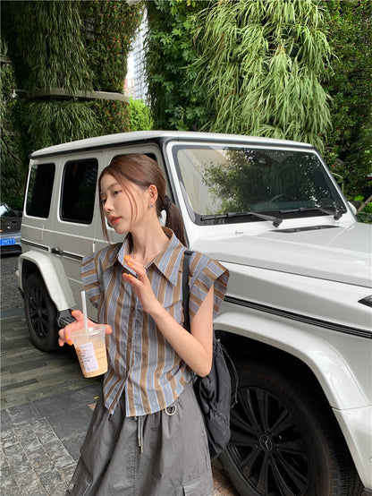 Tue. 復古條紋抓皺襯衫 咖