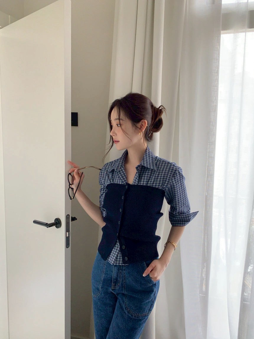Thu. 時髦韓女vide修身針織藏藍抹胸/格紋襯衫