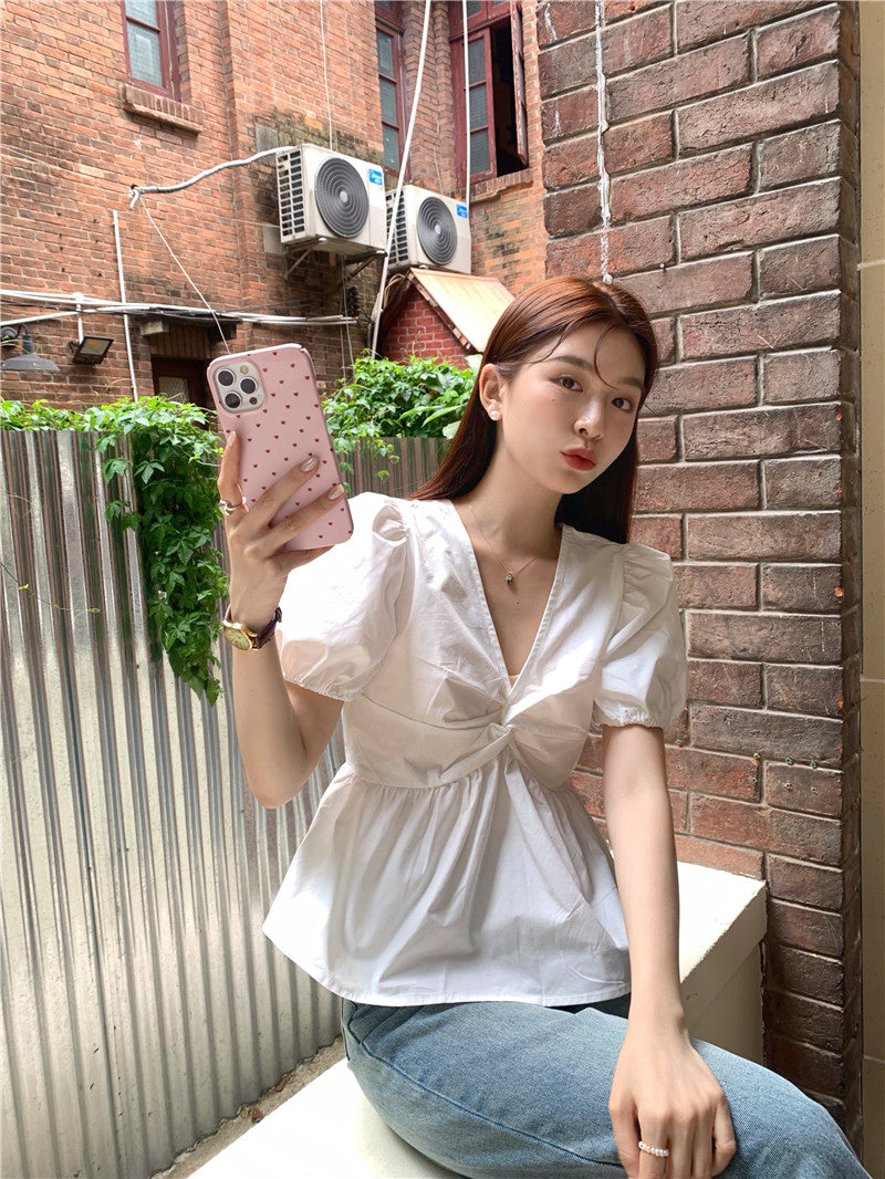 Mon.高腰v領口胸前抓皺上衣 白