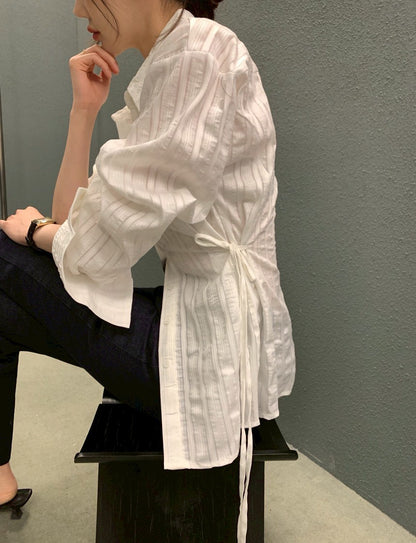 Mon. 個性翻領收腰抽繩可調襯衫 粉/白