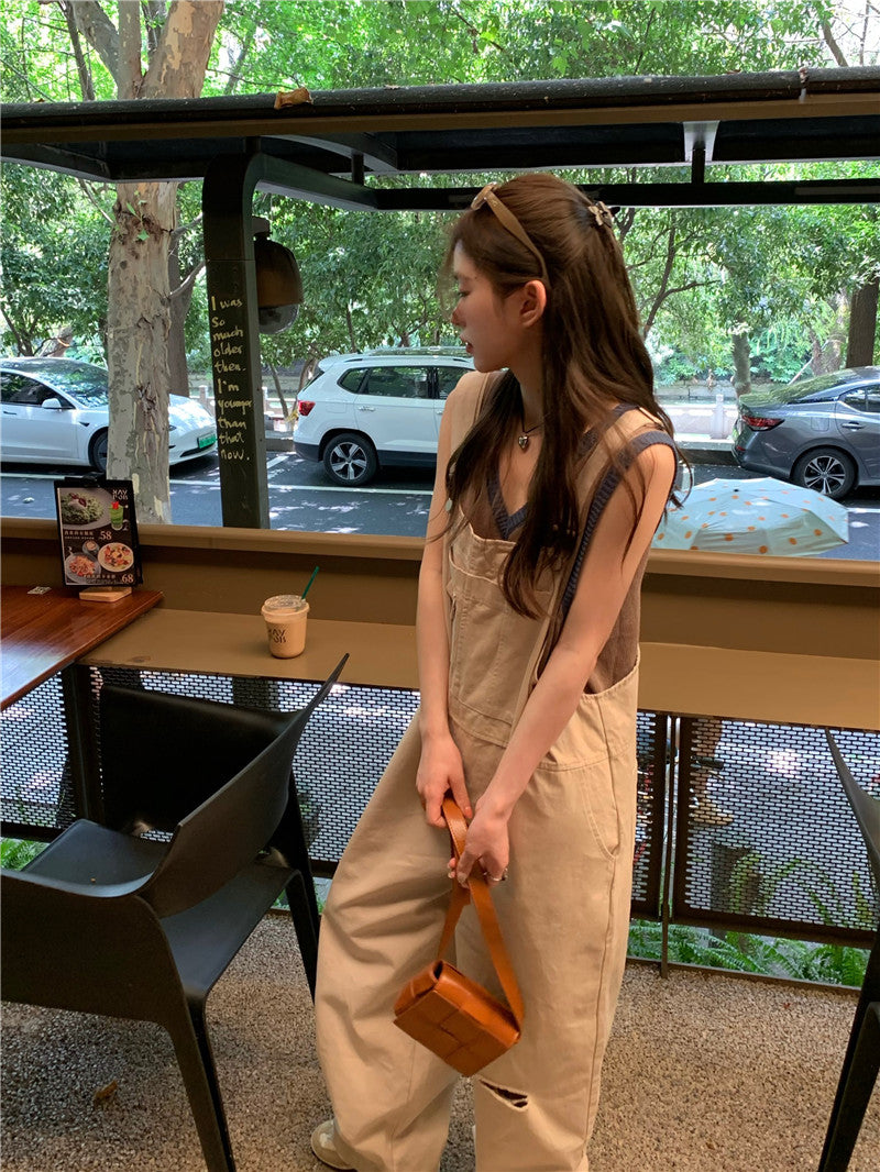 Sat. 大口袋工裝卡其吊帶褲