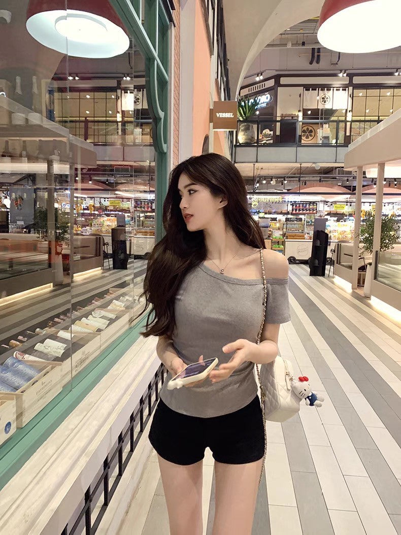 Fri. 斬女瘦瘦斜肩純色上衣 灰
