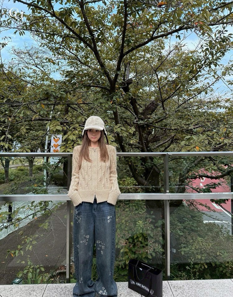 Fri. 高腰定染花貓鬚刷色闊腿褲