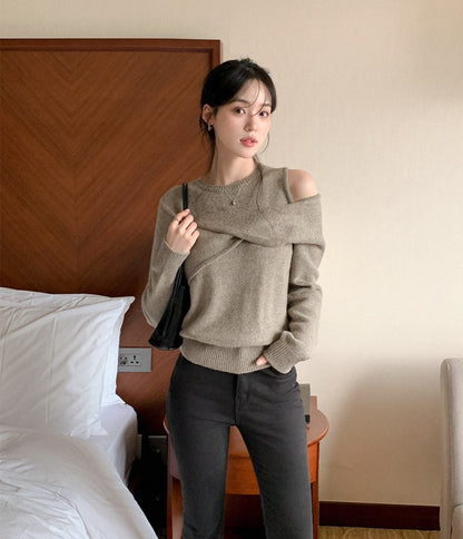 Mon. 辦公通勤 假兩件式甜美露肩針織上衣 摩卡