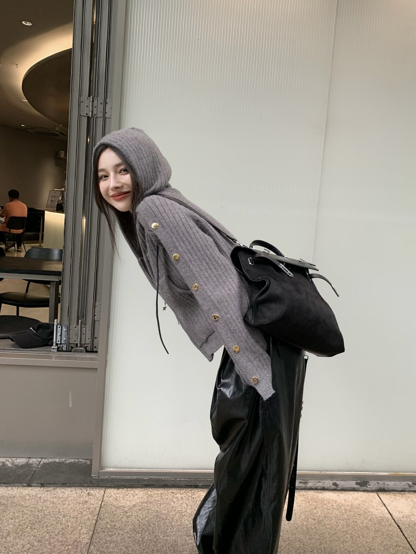 Sat. 個性按扣袖設計連帽外套 灰