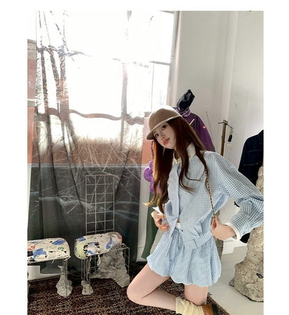 Tue. 冷調錫藍格紋花苞裙套裝