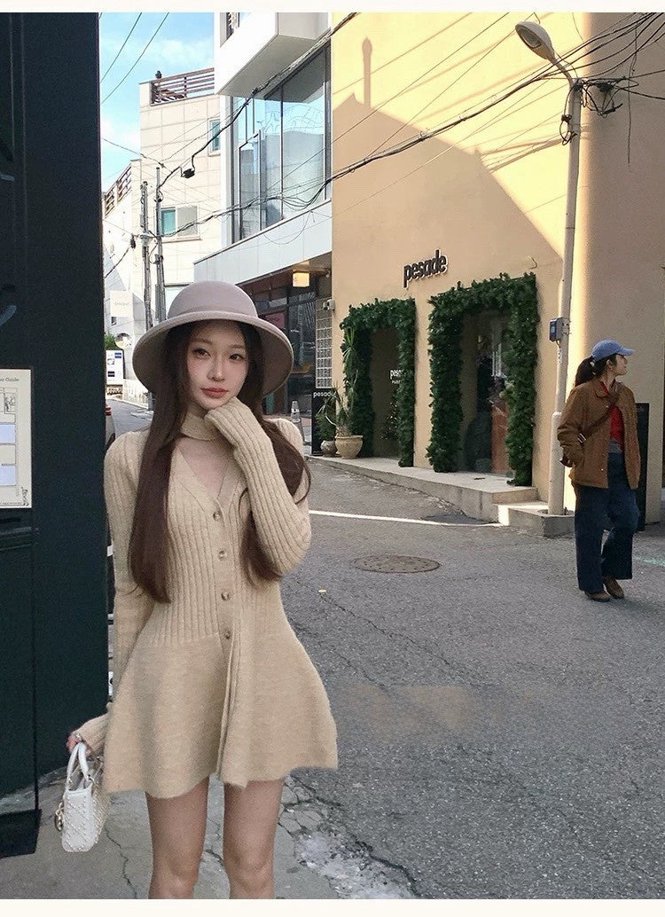 Tue. 傾心芭蕾氣質小心機針織收腰連身裙 奶黃