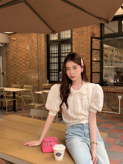 Thu. 氣質繡花縷空上衣 白