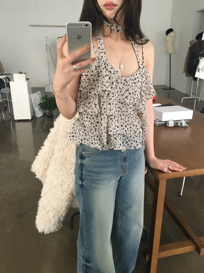 Tue. club辣妹雪紡荷葉蛋糕豹紋背心 咖/米