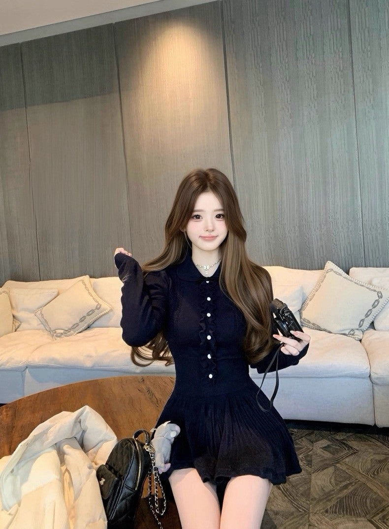 Tue. 優等生公式 藏藍木耳邊針織半身裙套裝