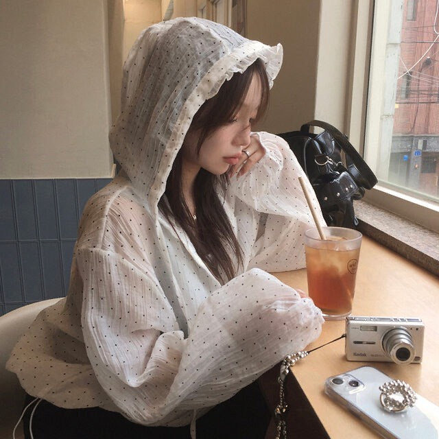 Tue. 日漫少女可愛連帽波點拉鏈外套 白