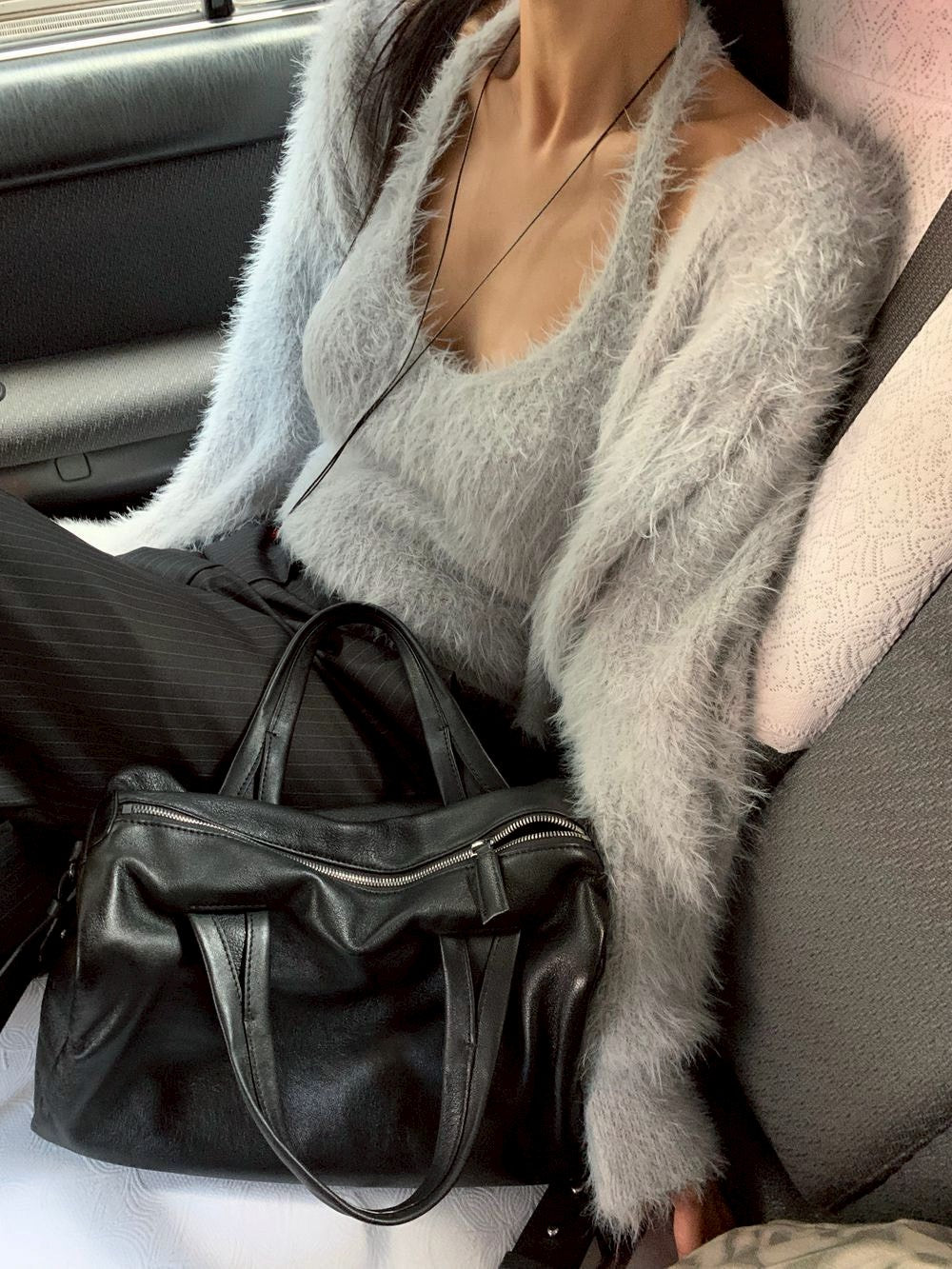 Mon. 歐美水貂毛鬆弛感上衣2件套 米/灰