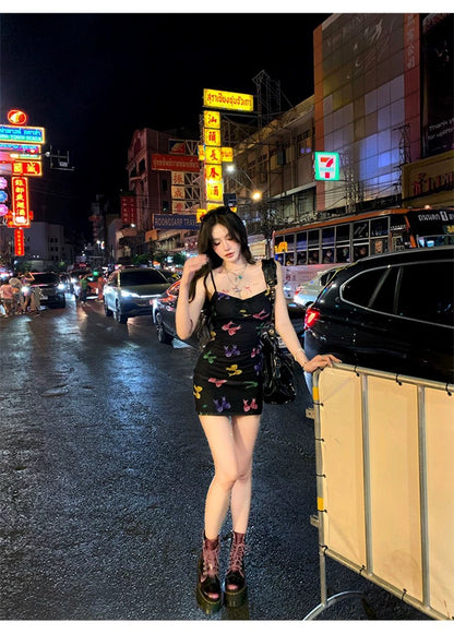Mon. 蝴蝶逸逃Y2K風格彩繪細肩吊帶裙 黑