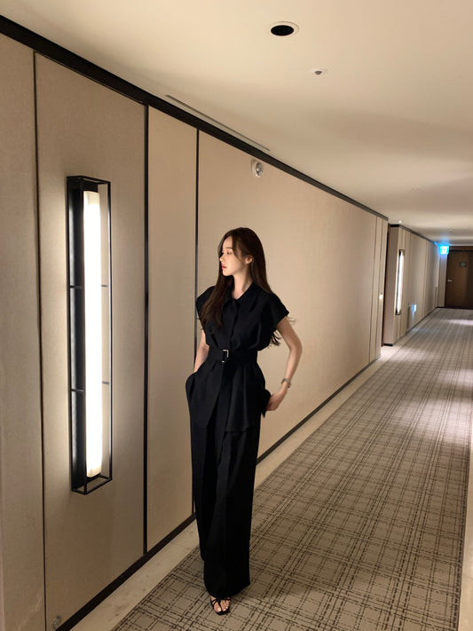 Tue. 韓系女主氣質翻領長款襯衫闊腿褲套裝 黑/白