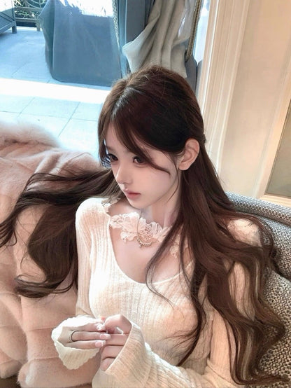 Tue. 心動蕾戀貓語 坑條羊毛 V領打底上衣 白