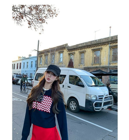 Thu. 一眼街拍美式印花圓領可愛毛衣 藍