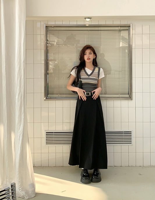 Mon. 質感西裝百摺長裙 黑