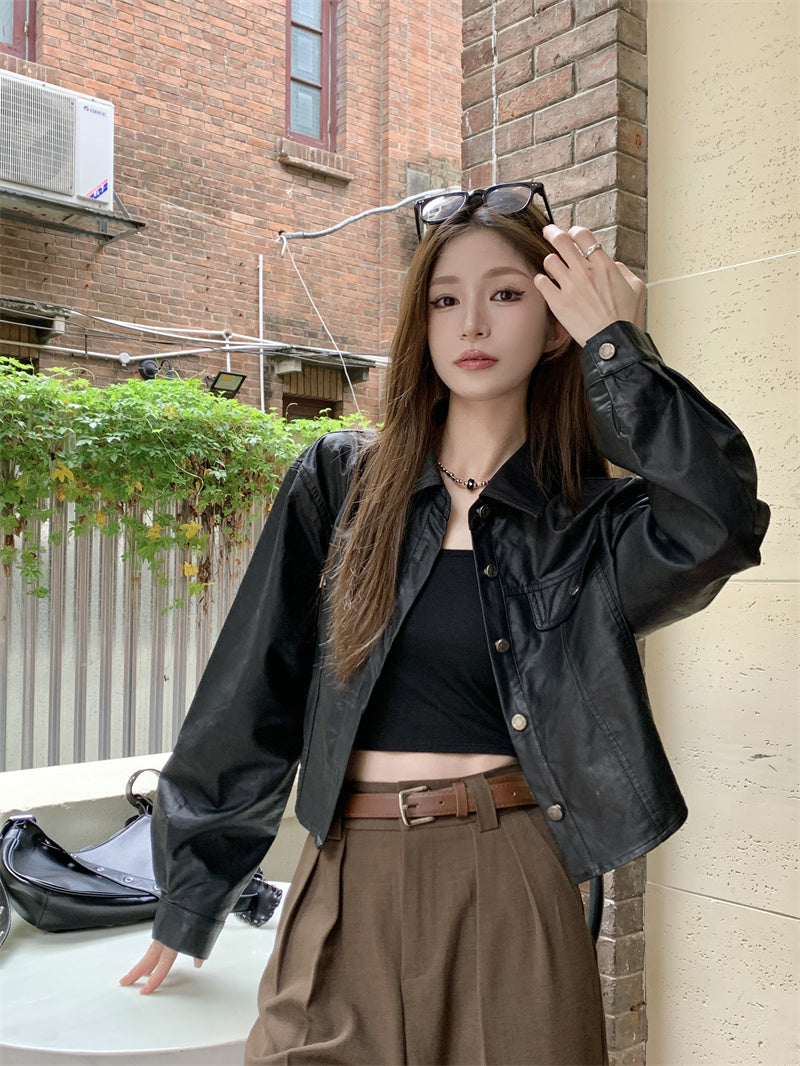 Mon. 今年必入短版皮襯衫外套 黑/咖