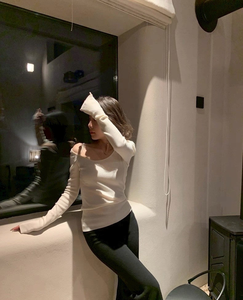 Mon. 新款修身顯瘦假兩件針織打底上衣4色 白/咖