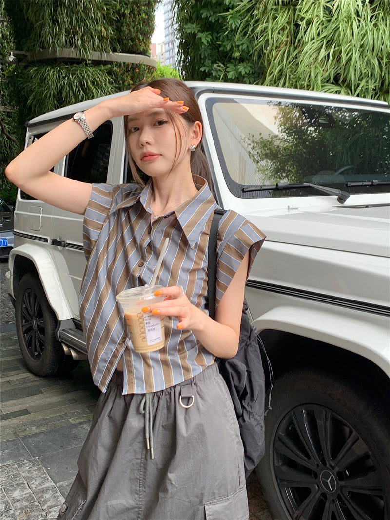 Tue. 復古條紋抓皺襯衫 咖