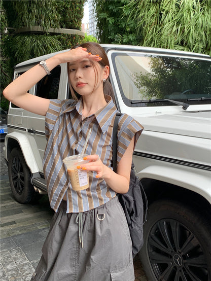 Tue. 復古條紋抓皺襯衫 咖