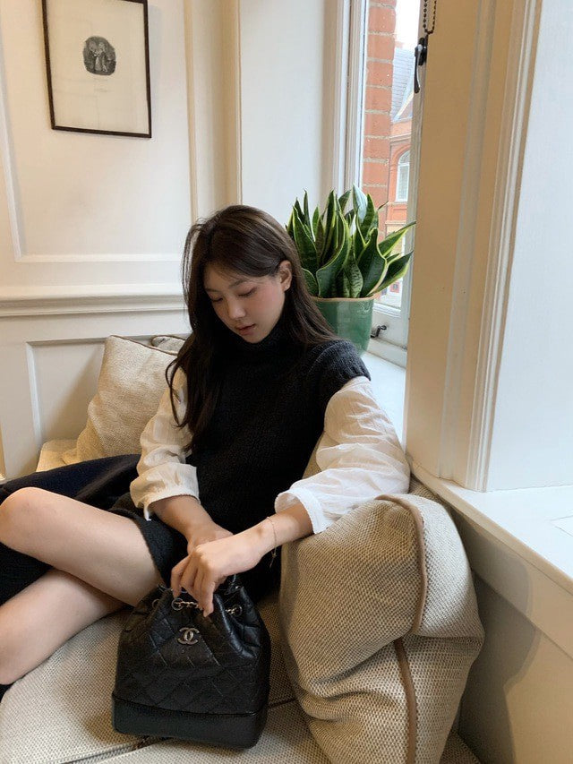 Tue. 韓女氣質高領短袖毛衣 卡棕/炭黑