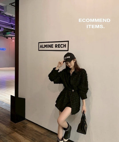 Tue. 小香粗呢鬚邊方格寬鬆襯衫 黑