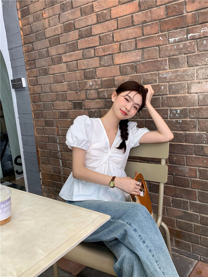 Mon.高腰v領口胸前抓皺上衣 白