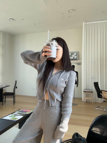 Mon. 運動休閒雙拉鏈連帽針織休閒褲套裝 米/灰