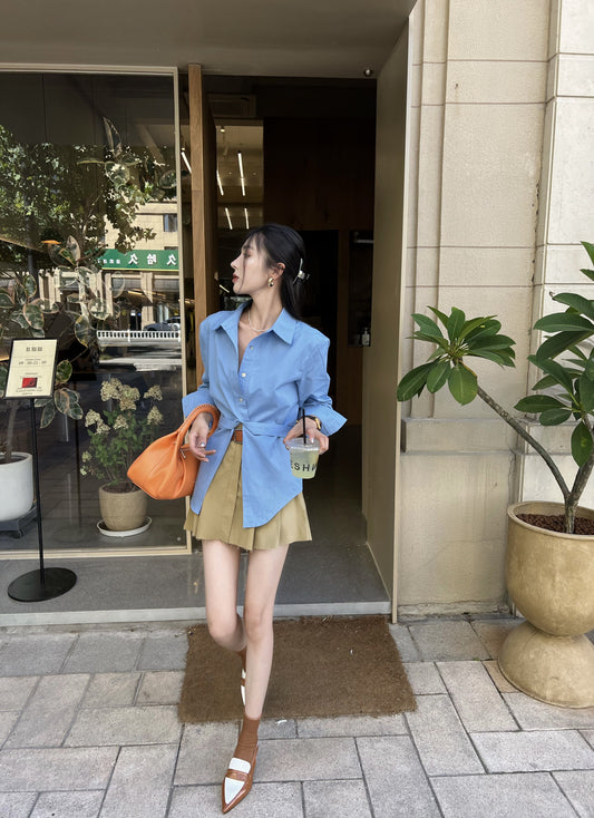 Mon. 設計感綁帶襯衫 藍