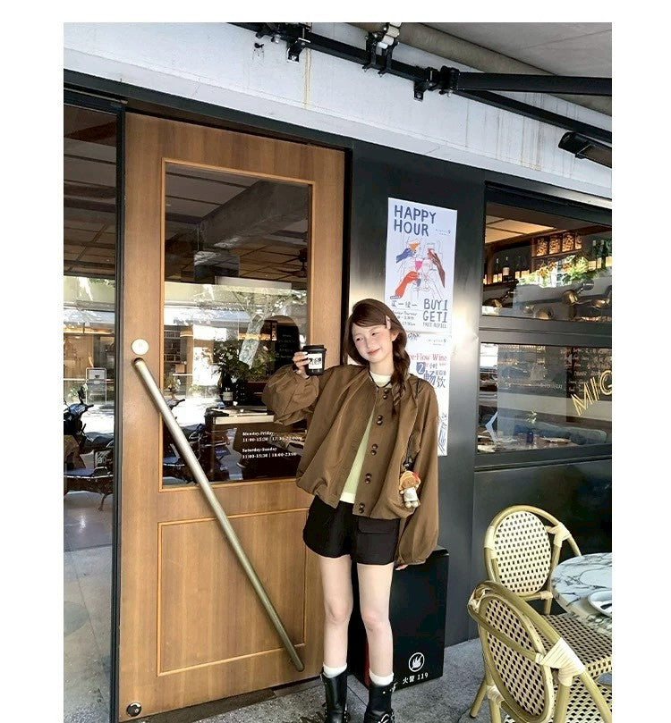 Thu. 明媚香港 復古花苞圓領夾克 咖