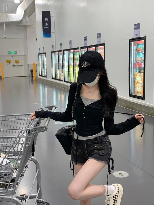 Tue. 圓領打底鈕扣垂墜兩穿上衣 綠/黑