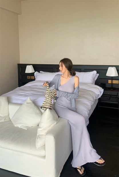 Wed. 時髦 低飽和紫羅蘭斜肩連身裙 花灰罩衫