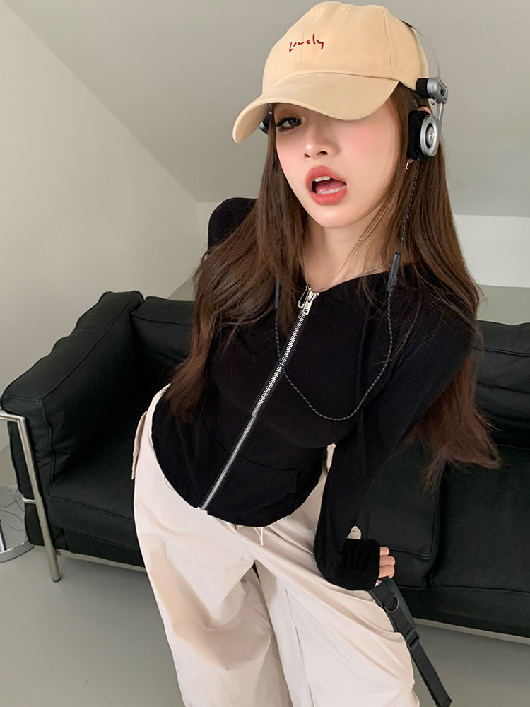 Sat. 美式修身連帽外套 黑 & 慵懶杏色工作褲