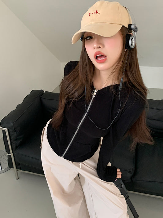 Sat. 美式修身連帽外套 黑 & 慵懶杏色工作褲