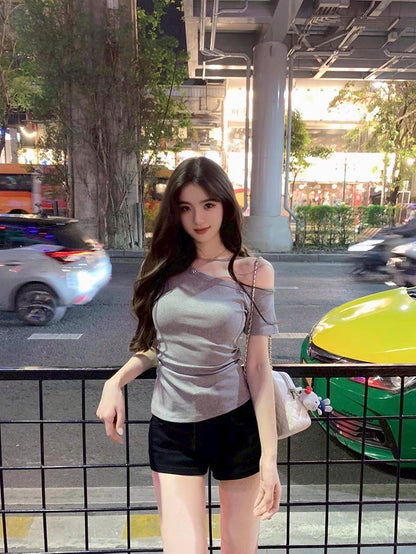 Fri. 斬女瘦瘦斜肩純色上衣 灰