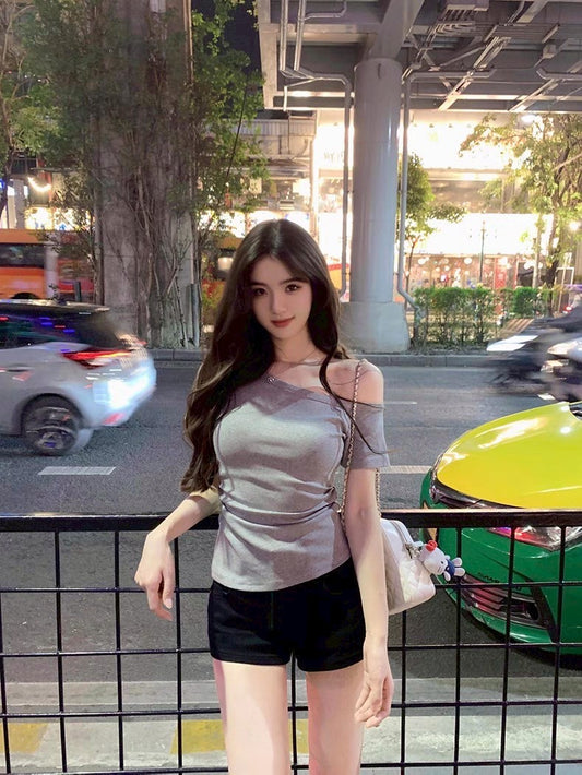 Fri. 斬女瘦瘦斜肩純色上衣 灰