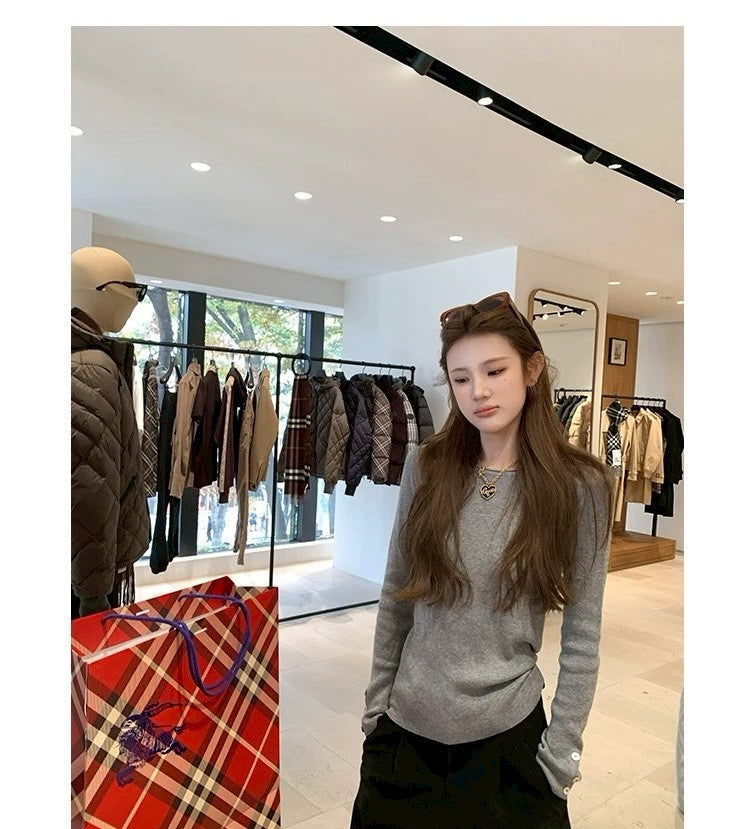 Thu. Cheese拿鐵韓系修身圓領針織打底 白/灰